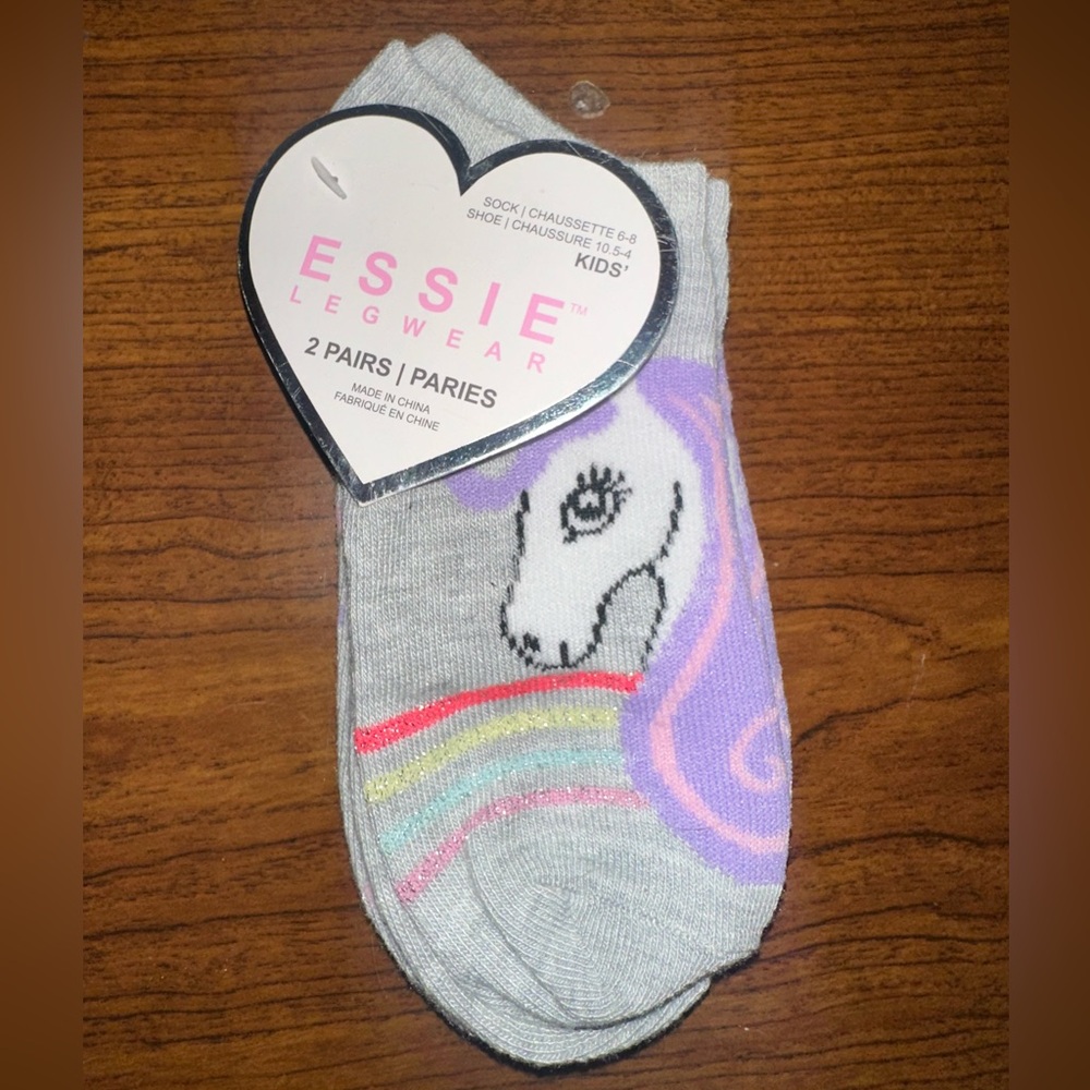 Essie Kids Unicorn and Hearts Socks 2 Pairs Shoe Size 10.5 to 4 Sock Size 6 to 8